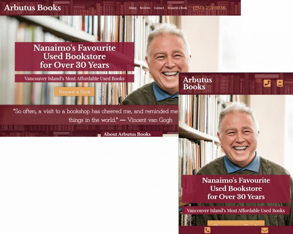 Arbutus Books Nanaimo website design portfolio photos desktop and mobile website design