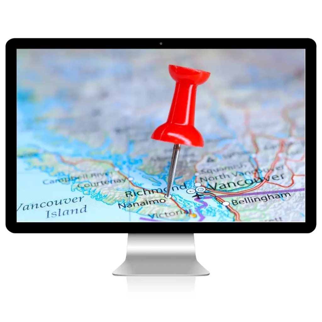 computer screen showing a map of vancouver island service locations for website design