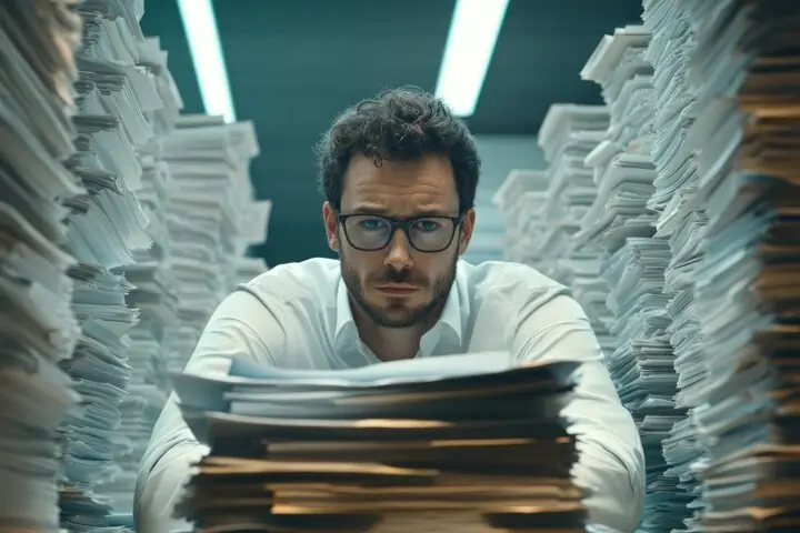 a miserable business man staring a mountains of paperwork