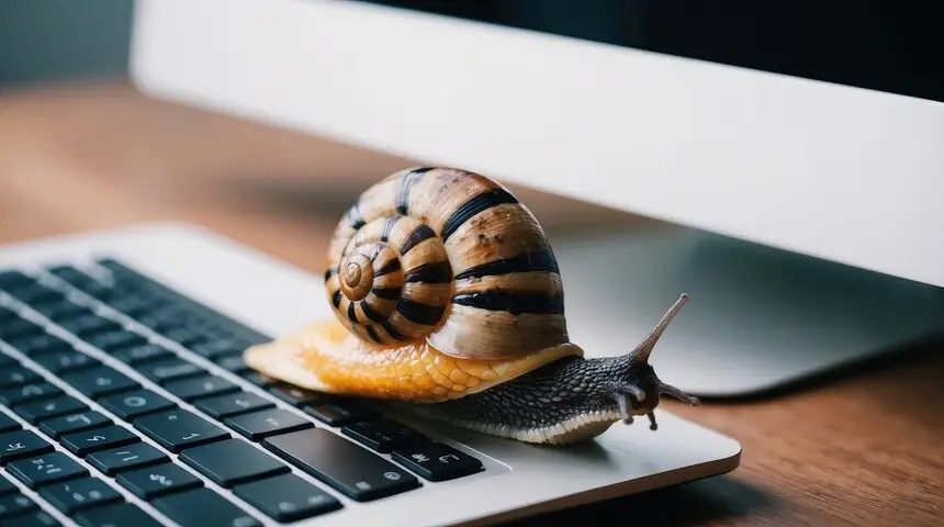 a snail crawling over a computer keyboard to indicate slow website design